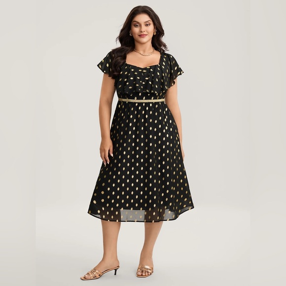 BloomChic Dresses & Skirts - BloomChic Shimmery Polka Dot Stretchy Waist Midi Dress Black/Gold Plus Size
